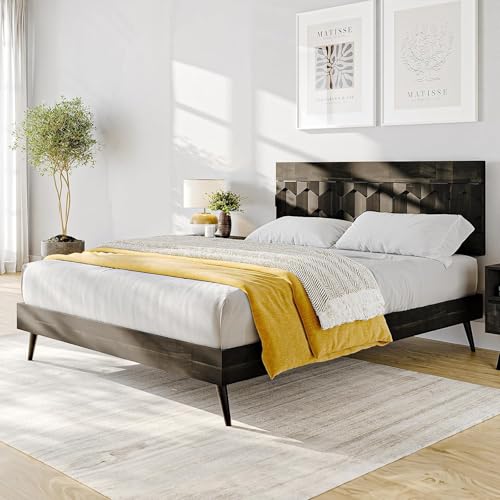Oliver Queen Size Bed Frame - 15-Inch Mid Century Design with Rattan Headboard, Bohemian Style, No Box Spring Needed, Easy Assembly in Caramel Bme