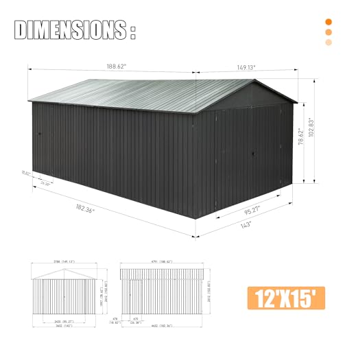 Domi 12x15FT Outdoor Metal Garage Shed, Extra Large Metal Carport with Lockable Double Hinged Doors, Heavy Duty Car Shelter for Car, Truck, Motorcycle and Lawn Equipment, Dark Grey domi outdoor living