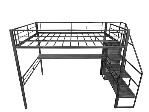 PVWIIK Staircase Queen Size Loft Bed with Desk and Wardrobe,High Loft Bed Frame for Kids Youths Adults Dorm Bedroom, No Box Spring Needed,Black PVWIIK