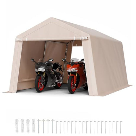 VEVOR 10 × 15 ft Outdoor Storage Shed Tent with Heavy-Duty Steel Frame, 2 Roll-Up Doors & Air Vents, Waterproof Portable Garage Carport Shelter for Motorcycle, Lawn Mower, Garden Tools – Beige VEVOR