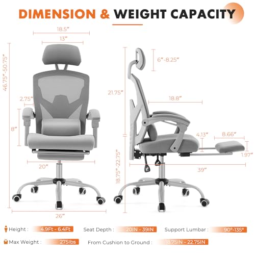 Sweetcrispy Office Computer Desk Chair with Footrest,Ergonomic High-Back Mesh Rolling Work Swivel Chairs with Wheels,Comfortable Lumbar Support,Comfy Arms for Home,Bedroom,Study,Student,Light Grey Sweetcrispy