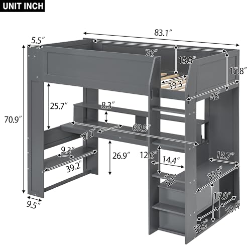 SOFTSEA Dark Grey Twin Gaming Loft Bed with Integrated Desk and Storage - WoodArtSupply