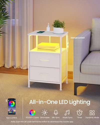 SONGMICS BELLAH Collection - Nightstand with Charging Station and App-Controlled Adjustable LED Lights, Bed Side Table, 2 Drawer and 1 Open Shelf, Bedroom, Cloud White and Snow White ULGS302WH01S SONGMICS