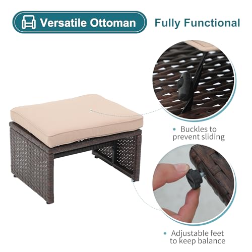 OC Orange-Casual 5 Pcs Patio Conversation Set Balcony Furniture Set with Cushions, Brown Wicker Chair with Ottoman, Storage Table for Backyard, Garden, Porch, Dark Grey OC Orange-Casual