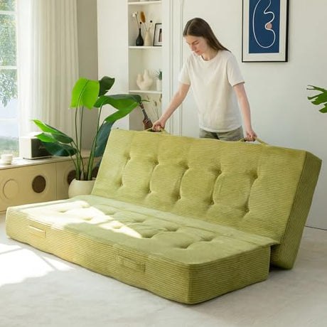 MAXYOYO 8" Full Size Folding Mattress with Handles, Tufted Foldable Couch Bed(Frame Not Included), Versatile Folding Mattress for Floor Sleeping, Living Room & Guest Room, Green MAXYOYO