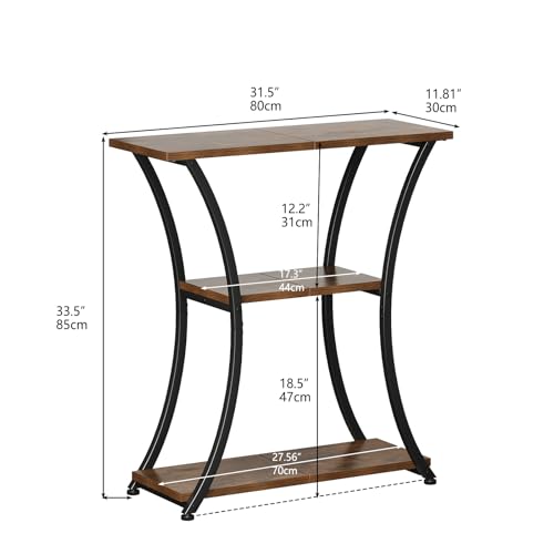 Trironsun Rustic 3-Tier Console Table with Open Shelves Narrow Entryway Table with Curved Metal Frame Slim Sofa Table for Hallway Living Room or Foyer (Rustic Brown) Trironsun
