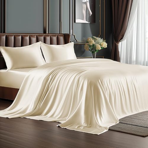 BEDELITE King Size Sheets Set, Luxury Soft Beige Satin Sheets for Hair and Skin, Similar to Silk Bed Sheets Set 4 Pieces with 1 Deep Pocket Fitted Sheet, 1 Flat Sheet, and 2 Pillowcases BEDELITE