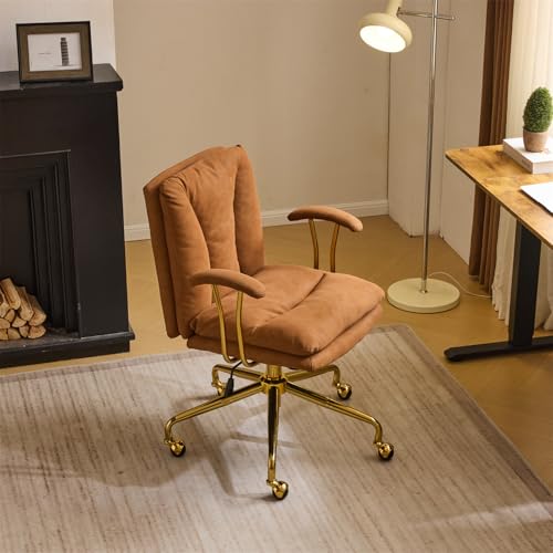 VINGLI Home Office Desk Chair Comfy with wheels&Removable Armrests,Gold Base Vanity Chair with Back,Adjustable Rolling Swivel Computer Task Chair for Study,Makeup,Office,Bedroom,Microfiber/Suede,Brown VINGLI