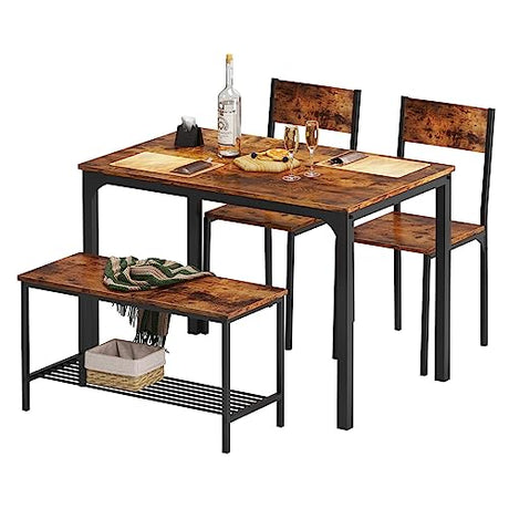 soges 4 Person Dining Table Set, 43.3inch Kitchen Table Set for 4, Dining Room 2 Chairs with Backrest, 2-Person Bench with Storage Rack, Vintage Brown soges