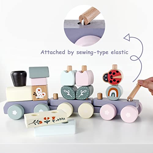 Pillowhale Wooden Stacking Train Toy Set,Wooden Building Blocks Train with Shape Sorter Early Learning Gift for Toddlers Boys Girls 12 Months and up Pillowhale
