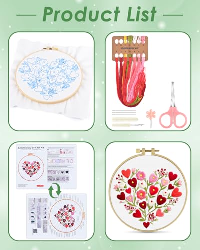 ERKOON Embroidery Kit for Beginners Adult, Flower Cross Stitch Set Include Embroidery Cloth Hoops Threads for Craft Lover Hand Stitch with Embroidery Skill Techniques (Heart) ERKOON