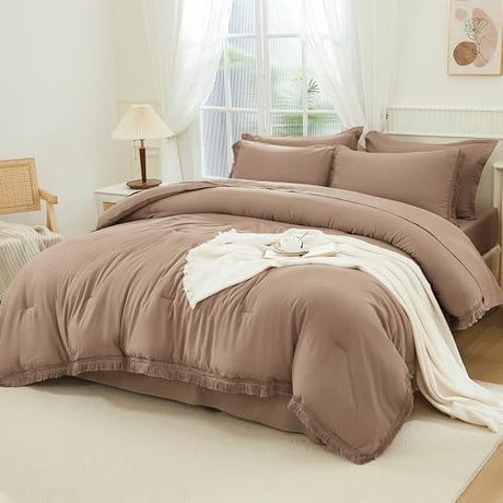 Andency Taupe Queen Size Comforter Set with Sheets - 7 Pieces Boho Tassel Bed in a Bag Soft Lightweight Bedding Sets, Taupe Fringe Bed Set with Comforter, Sheets, Pillowcases & Shams Andency