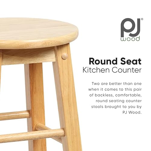 PJ Wood 29 Inch Tall Classic Round Seat Kitchen Counter Bar Stools 2 Pack with 4 Square Legs for Homes, Dining Spaces, and Bars, Natural PJ Wood