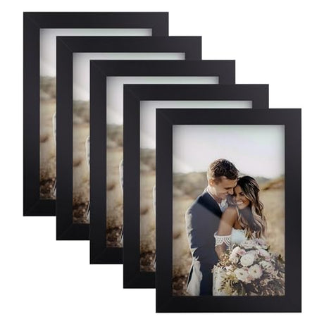 4x6 Picture Frame Set of 5, Wood Photo Frames for 4x6 Pictures Wall Gallery Black 4x6 Frames Tabletop or Wall Mount Display for Prints, Photos, Paintings, Landscape and Kids Artwork (Black) HappyHapi