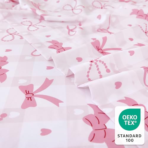 Homilay Queen Sheet Set Kids - Pink Bow 4 Pieces Soft Microfiber Cartoon Style Bedsheets for Boys Girls Teens, Oeko TEX, Breathable Deep Pocket Sheets(Pink Bow) Homilay