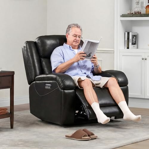 Watson & Whitely Genuine Leather Power Recliner Chairs for Adults, Wall Hugger RV Recliner with Power Headrest & Charging Ports, Electric Recliner Sofa Chair for Living Room, Black