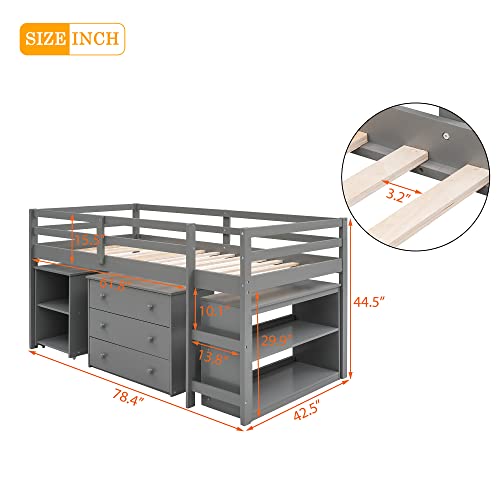 Harper & Bright Designs Kids Low Loft Bed with Rolling Desk and Storage Cabinet, Twin Size Wood Loft Bed Frame with Bookshelf (Grey, Twin) Harper & Bright Designs