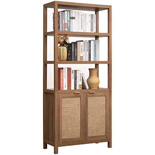 SICOTAS 5-Tier Rattan Boho Bookshelf with Doors - Tall Oak Bookcase for Stylish Storage SICOTAS
