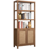 SICOTAS 5-Tier Rattan Boho Bookshelf with Doors - Tall Oak Bookcase for Stylish Storage SICOTAS