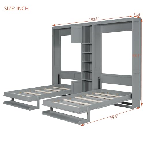 Merax Dual Twin Size Murphy Bed, Twin Wall Beds with Cabinets and Shelves, Gray Merax