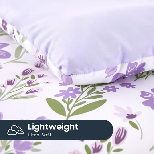 Wake In Cloud - Floral Toddler Bedding Set for Girls, Cute Colorful Botanical Flowers, 4 Pieces Soft Crib Bed Set Including Comforter, Sheets and Pillowcase, Purple White Wake In Cloud