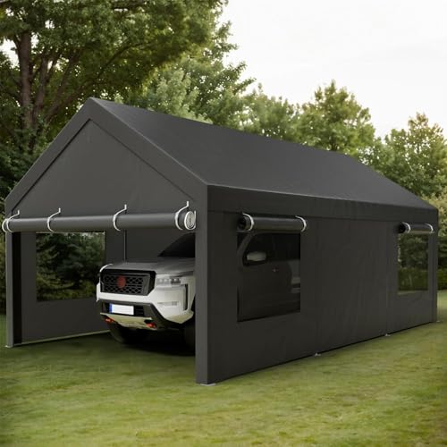 Shintenchi 12x20 FT Heavy-Duty Design Carport,Portable Garage Canopy,Carport Canopy with Side-Opening Removable Door & Roll-Up Window,Portable Car Port for Car, Truck, Boat,Grey Shintenchi