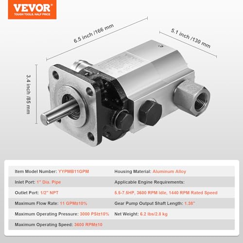 VEVOR Hydraulic Log Splitter Pump, 11GPM, 2 Stage 3000PSI Wood Log Splitter Pump, 1'' Inlet 1/2'' NPT Outlet 3600 RPM Aluminum Hydraulic Gear Pump, for Small Engine Mounting Log Splitters Snowplow VEVOR