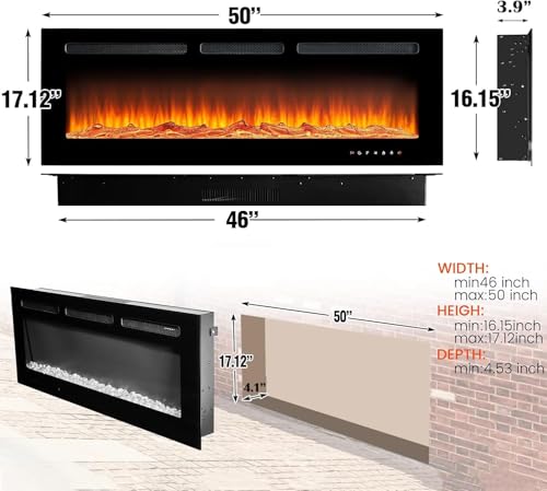 OneBlis Electric Fireplace, 50 inch Wide Recessed/Wall Mounted Electric Fireplace, Remote Control with Timer, 12 Adjustable Color Flame, Log Set & with Crystal Stone, 750/1500W OneBlis