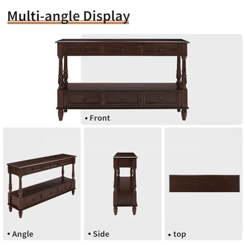 LKTART 54'' Solid Wood Console Table, Farmhouse Entryway Table with 6 Drawers and Shelf, Narrow Long Sofa Table with Storage for Living Room Hallway, Couch, Foyer (Espresso) LKTART