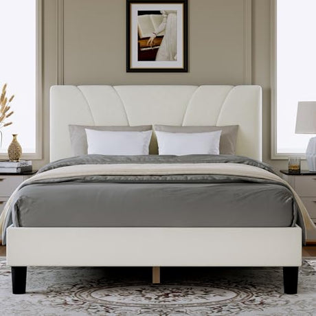 Novilla Queen Bed Frame, Queen Size Bed Frame with Wooden Slats Support, Velvet Upholstered Headboard, No Box Spring Needed, Heavy Duty Feet, Easy Assembly, White Velvet Novilla