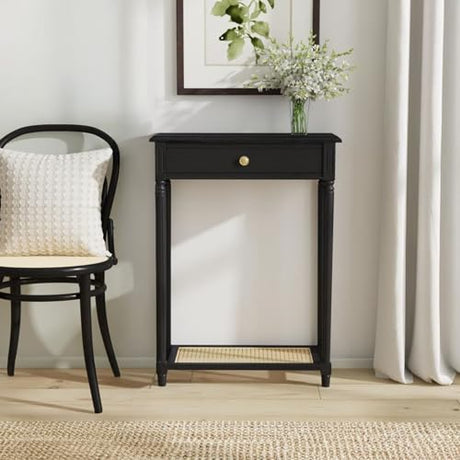 East at Main Lenora Console Table – 23.75” Narrow Entryway Table with Storage & Cane Shelf – Solid Wood Accent for Hallways, Foyers, and Small Spaces – French Country & Traditional Style (Black) East at Main