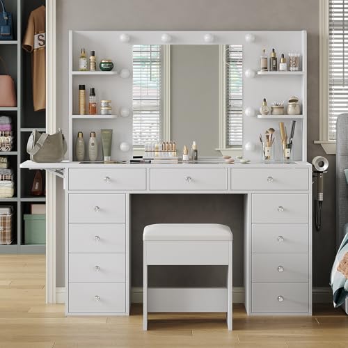 FUSOU Vanity Desk with Power Outlet, 11 Drawers Makeup Vanity with Lighted Mirror, 3 Colors Adjustable, Glass Top Vanity with Chair, 4 Shelves and Fold-up Panel, Dressing Table for Bedroom, White FUSOU