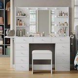 FUSOU Vanity Desk with Power Outlet, 11 Drawers Makeup Vanity with Lighted Mirror, 3 Colors Adjustable, Glass Top Vanity with Chair, 4 Shelves and Fold-up Panel, Dressing Table for Bedroom, White FUSOU