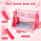 NOLITOY Miniature Bunk Bed with Slide for 6 Inch Dolls - Pink Double Deck Plastic Dollhouse Furniture Playset with Ladder & Bedding Accessories - Fits Small Dolls Figures NOLITOY