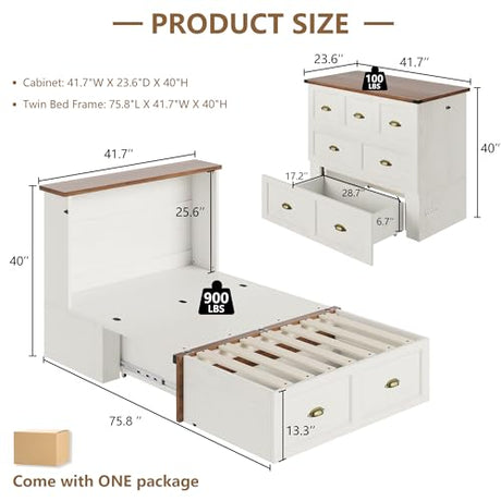 AMERLIFE Twin Size Murphy Bed, Farmhouse Wooden Cabinet with Charging Station and Storage Drawer for Bedroom/Office/Guest Room, White+Barnwood AMERLIFE