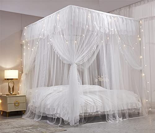 VETHIN 4 Corners Post Ruffle Princess Bed Canopy Curtain-Double Layer Cozy Drape Netting 4 Opening Mosquito Net for Girls Adults Bedroom Decoration (White/White, 53" W*78" L*82"*H/(Full))