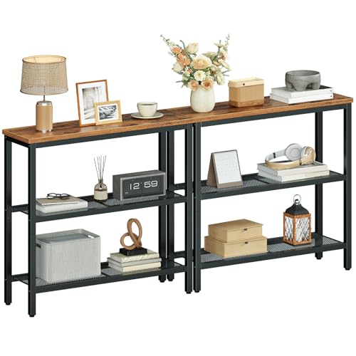 HOOBRO 29.5" Narrow Console Table, Set of 2, Entryway Table with Shelves, Thin Sofa Table, Behind Couch Table, Display Side Table, for Hallway, Entrance, Living Room, Rustic Brown and Black BF73XGP201 HOOBRO