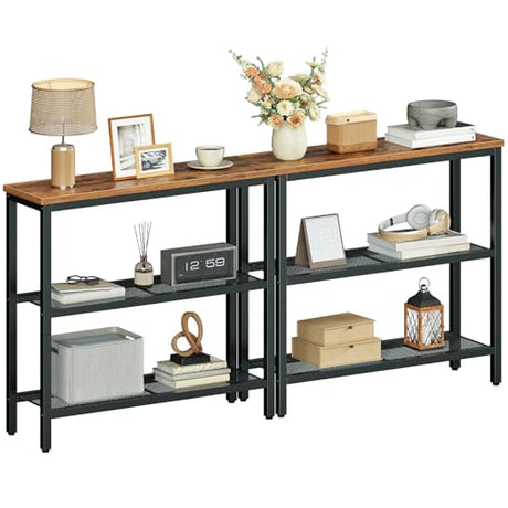 HOOBRO 29.5" Narrow Console Table, Set of 2, Entryway Table with Shelves, Thin Sofa Table, Behind Couch Table, Display Side Table, for Hallway, Entrance, Living Room, Rustic Brown and Black BF73XGP201 HOOBRO