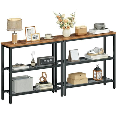 HOOBRO 29.5" Narrow Console Table, Set of 2, Entryway Table with Shelves, Thin Sofa Table, Behind Couch Table, Display Side Table, for Hallway, Entrance, Living Room, Rustic Brown and Black BF73XGP201