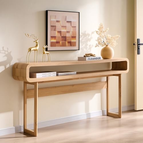 IFGET 63-Inch Long Console Table, 31.5" Tall Modern Entryway Table with Open Storage Shelf, Curved Profile Design, Narrow Wood Sofa Table Behind Couch Table for Living Room, Hallway,Foyer, Natural Oak IFGET