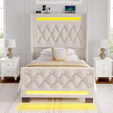Rolanstar Twin Bed Frame with LED Light and Charging Station, Upholstered High Headboard and Footboard, Wood Slats, Noise Free, Easy Assembly, Beige Rolanstar