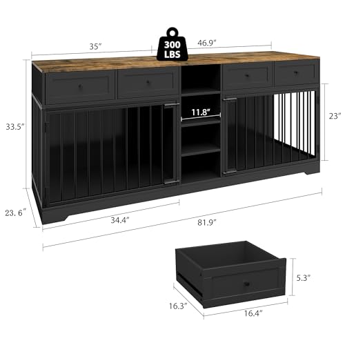 GAOMON Dog Crate Furniture for 2 Dogs, 82'' Large Dog Kennel Indoor with 4 Storage Drawers and 4 Shelves, Double Dog Crate TV Stand for Medium and Large Dogs, Black GAOMON