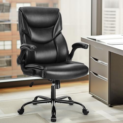 DUMOS Office Chair - Ergonomic Executive Computer Desk Chairs with Adjustable Flip-up Armrest, Swivel Task Chair with Lumbar Support, Strong Metal Base, PU Leather, Black DUMOS