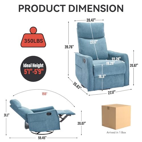 Kolavess Swivel Rocker Recliner Chair for Adults, Nursery Rocking Chair with Heat and Massage, Glider Reclining Chair for Small Space Living Room Bedroom, Blue