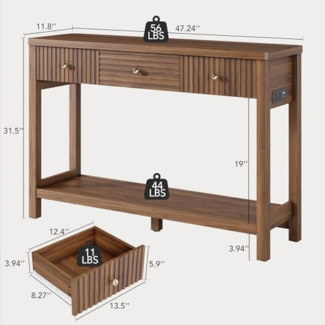 47 Inch Fluted Console Table with Outlets and USB-C Port, Mid Century Modern Sofa Table with 3 Drawers and Open Shelf, Entryway Table with Charging Station for Behind Couch, Hallway, Foyer, Walnut Decofy