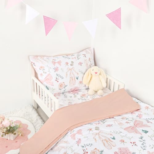 GFU 4 Piece Toddler Bedding Set, Ultra Soft and Breathable Toddler Comforter Sets for Girls Includes Quilted Comforter, Fitted Sheet, Flat Sheet and Pillowcase, Pink Flowers GFU