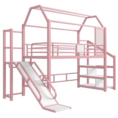 Bellemave Metal Loft/Bunk beds Twin Over Twin, Bunk beds with Slide and Stairs for Kids, Floor House Loft Bed for Kids，Pink Bellemave