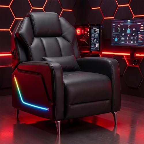 TPHORK Gaming Recliner Chair with Footrest, Push-Back Reclining Gaming Chair with LED Lights, Lumbar Pillow & Side Pockets, Ergonomic Gaming Sofa for Game Room, Home Theater, Man Cave (Black)