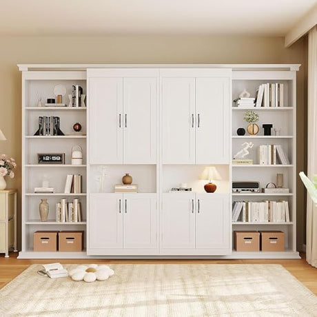 MERITLINE Full Murphy Bed with Storage Shelves,Cabinets,Bookcase, Wood Vertical Murphy Wall Bed Cabinet with Storage Shelves Bookshelves,for Adults,White MERITLINE