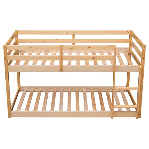 Lostcat Twin Over Twin Solid Wood Bunk Bed Frame with Ladder and Full-Length Guardrail - Easy Assembly in Natural Finish - WoodArtSupply